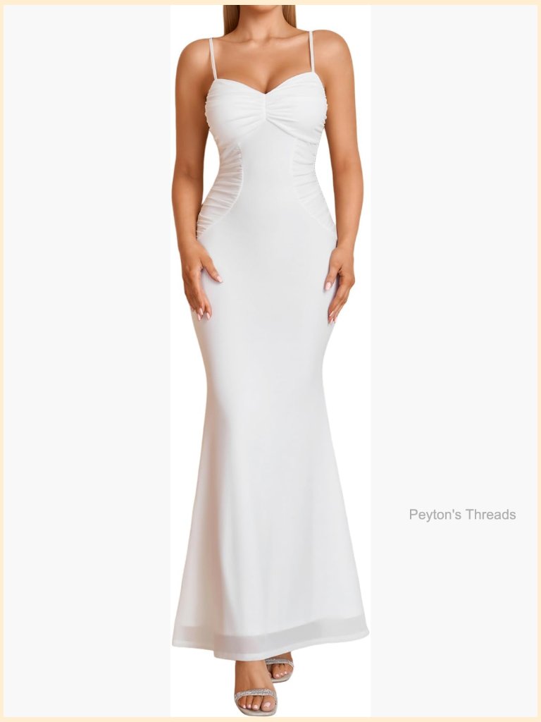 Ruched Bodycon Mermaid Maxi Dress Spaghetti Strap Formal Cocktail